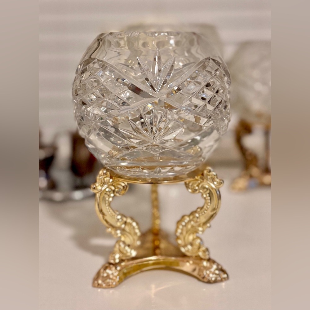 Barski Crystal Clear Votive Rose Bowl with Godinger Gold plated Brass Stand.